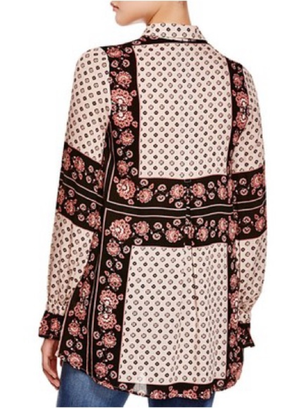 Free People Printed Boho Top M Blush Floral Bell Sleeve - Picture 2 of 6